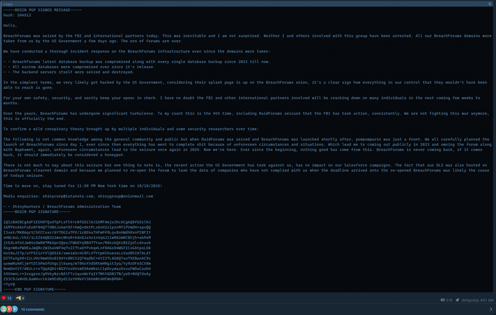 Сообщение от банды ShinyHunters после того, как ФБР конфисковало BreachForums